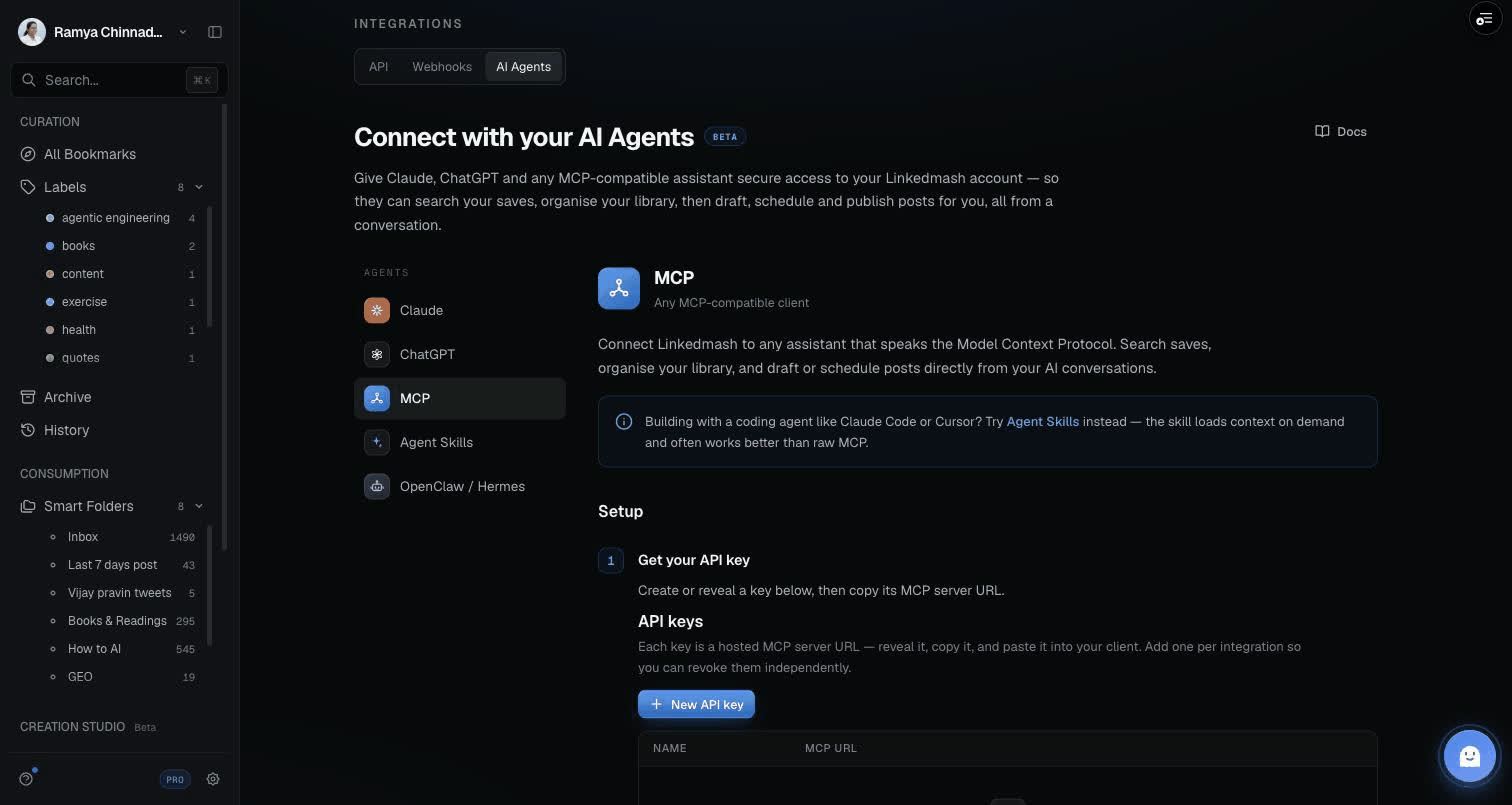 LinkedMash AI Agents page with MCP server URL and API key setup