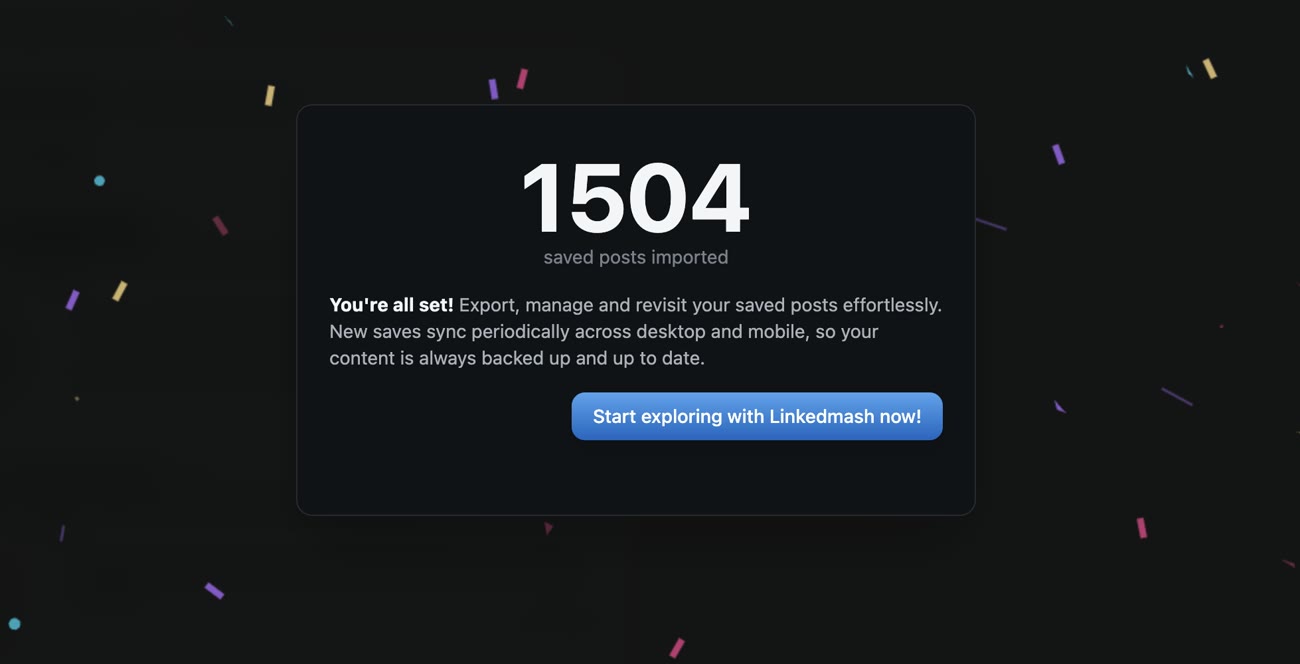 LinkedMash import finished, showing 1,504 saved posts imported