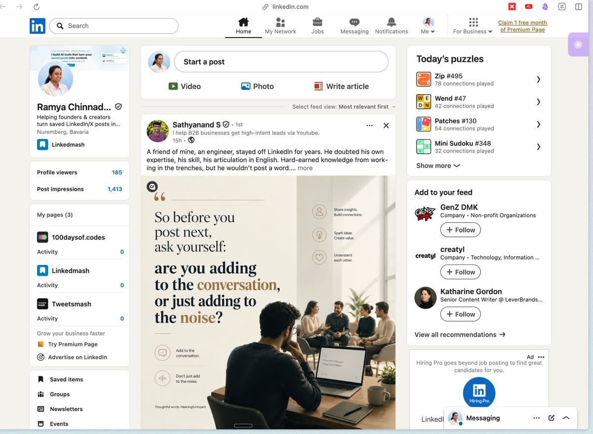 The LinkedIn home feed, with the left column running down the side