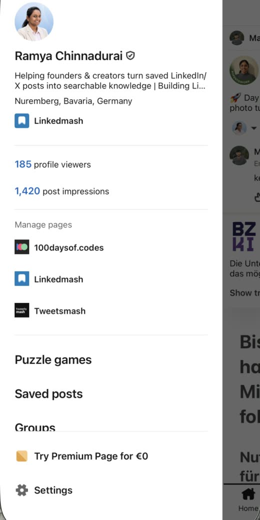 The LinkedIn mobile slide-out panel with Saved posts listed under Puzzle games