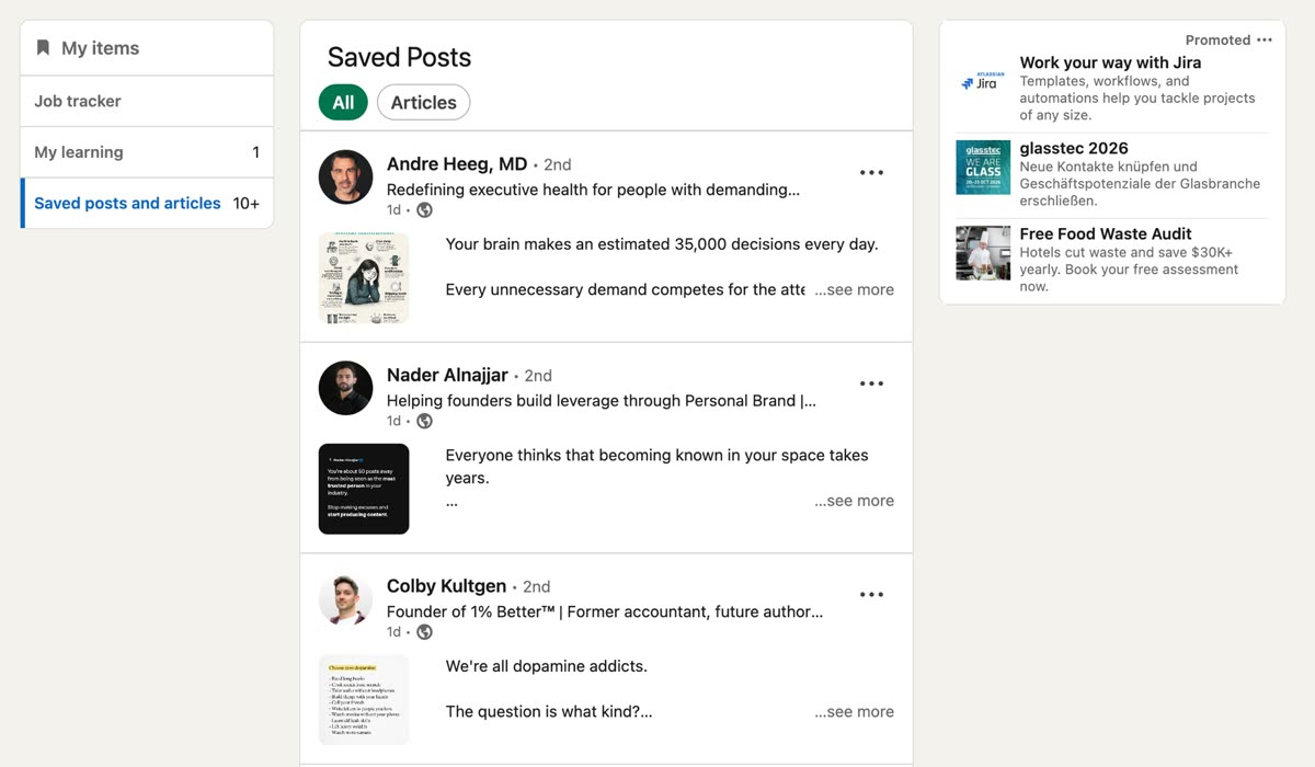 The LinkedIn My items page showing Saved Posts with the All and Articles filters