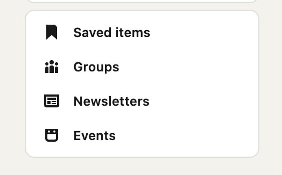 The LinkedIn left-column card containing Saved items, Groups, Newsletters and Events