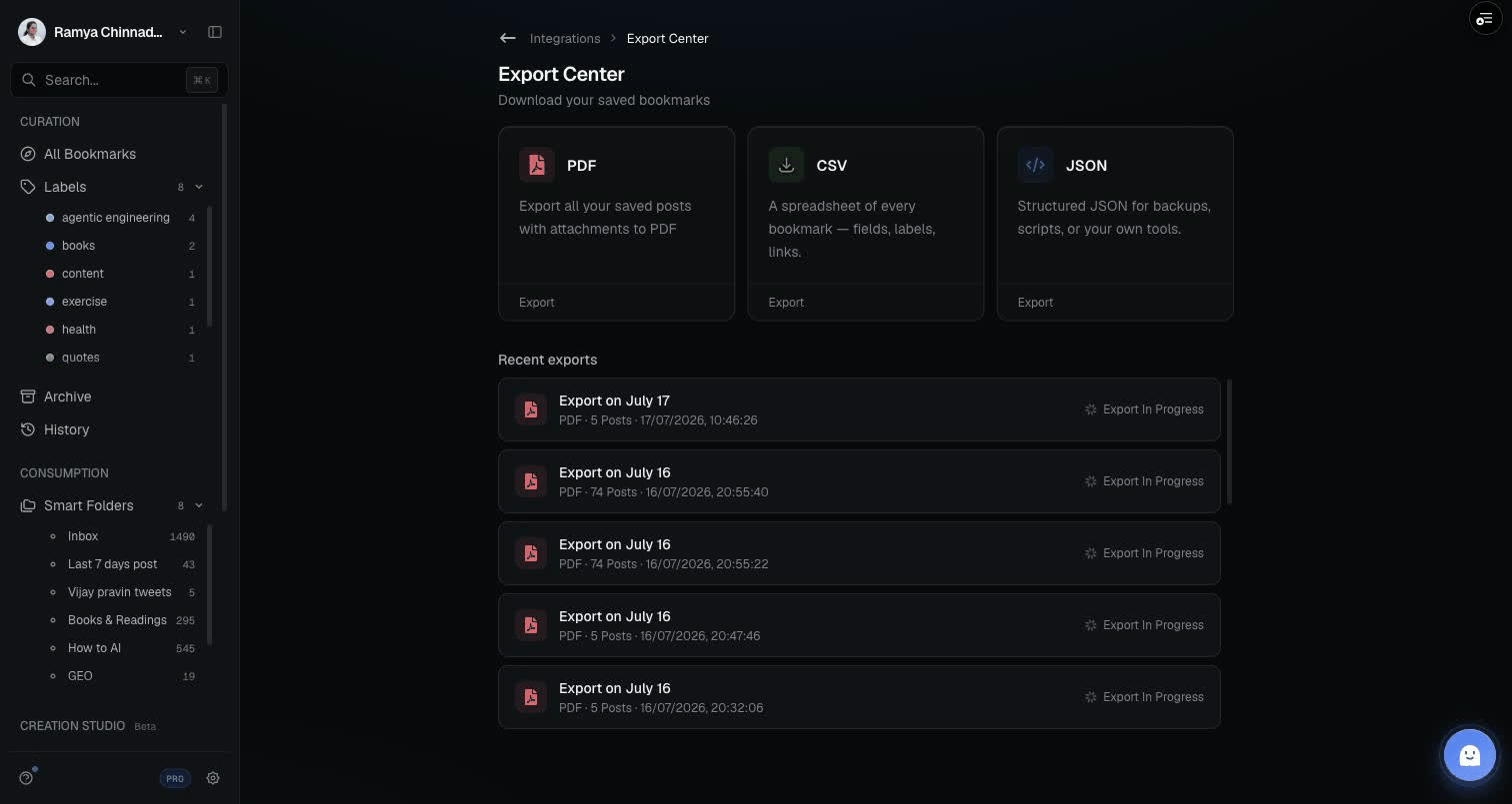 LinkedMash Export Center showing the PDF export option