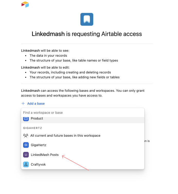 Airtable authorization step for choosing the LinkedMash Posts base