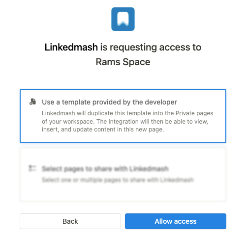 Notion authorization screen for LinkedMash