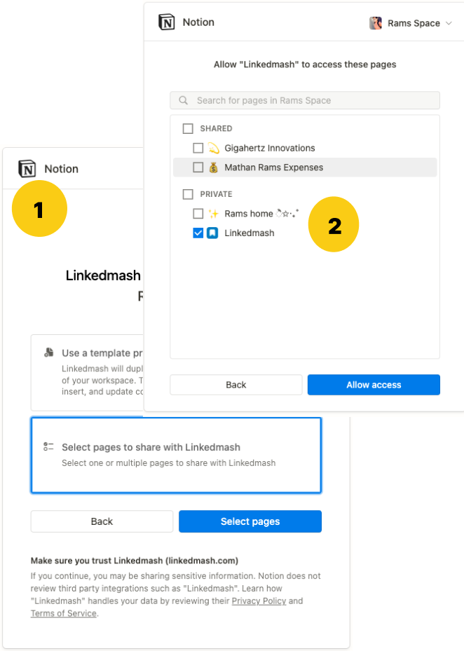 Notion permission screen for choosing the LinkedMash database template