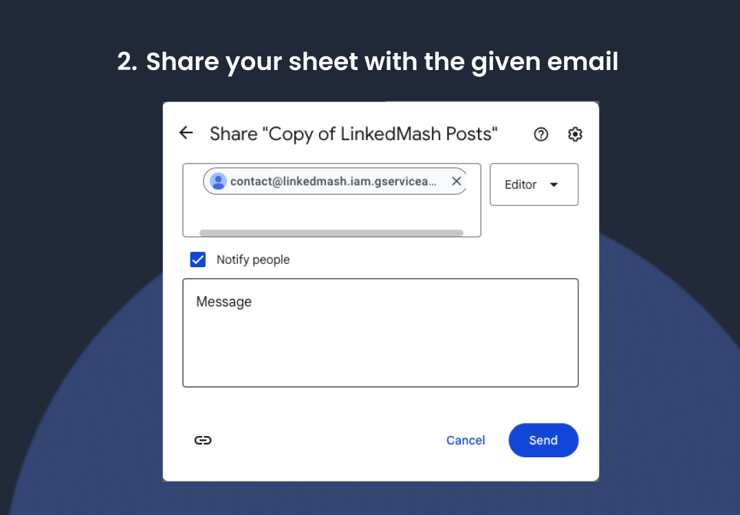 Google Sheets manual setup showing the sharing step