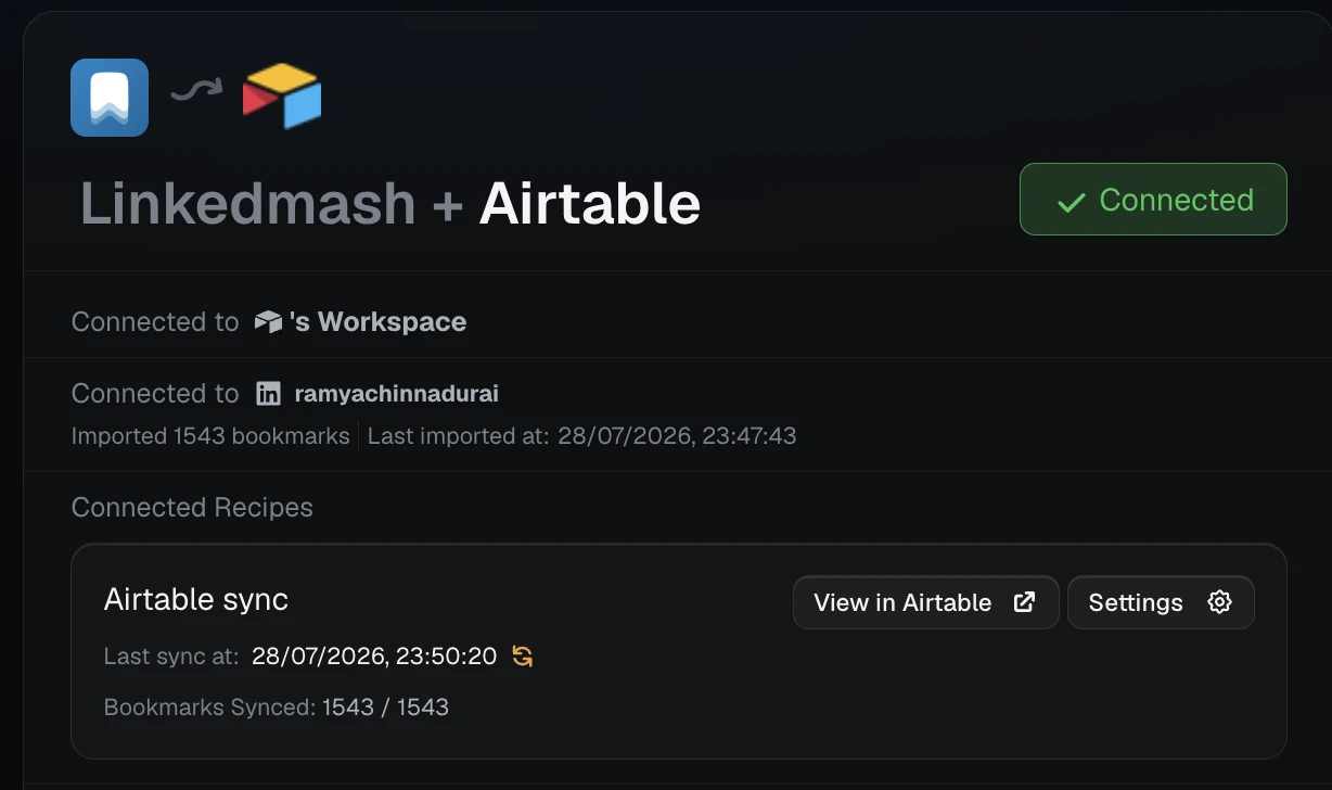 LinkedMash Airtable integration showing a connected workspace and 1,543 synced bookmarks