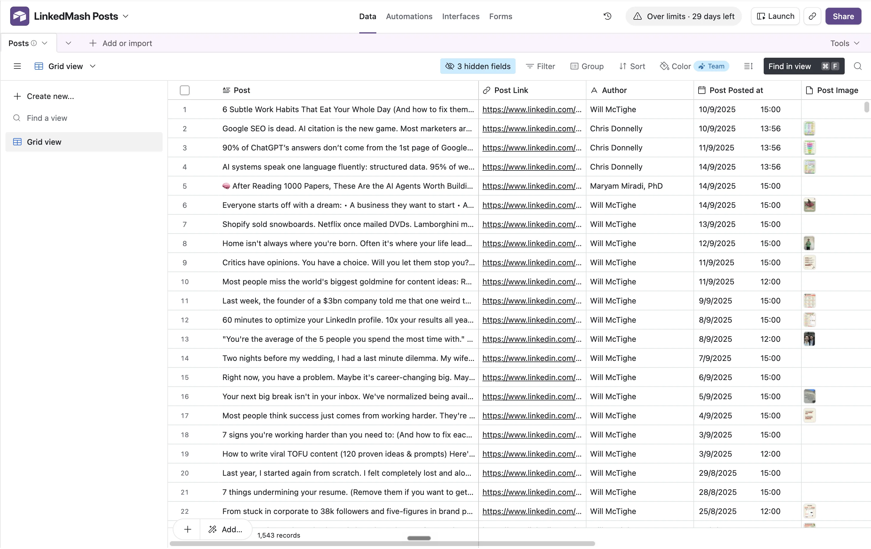 LinkedMash Posts Airtable base with 1,543 exported LinkedIn saved-post records