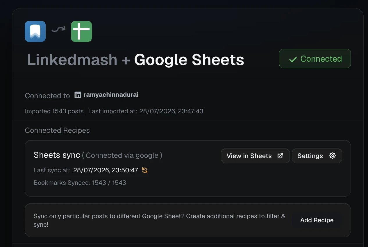 LinkedMash Google Sheets integration showing 1,543 posts synced