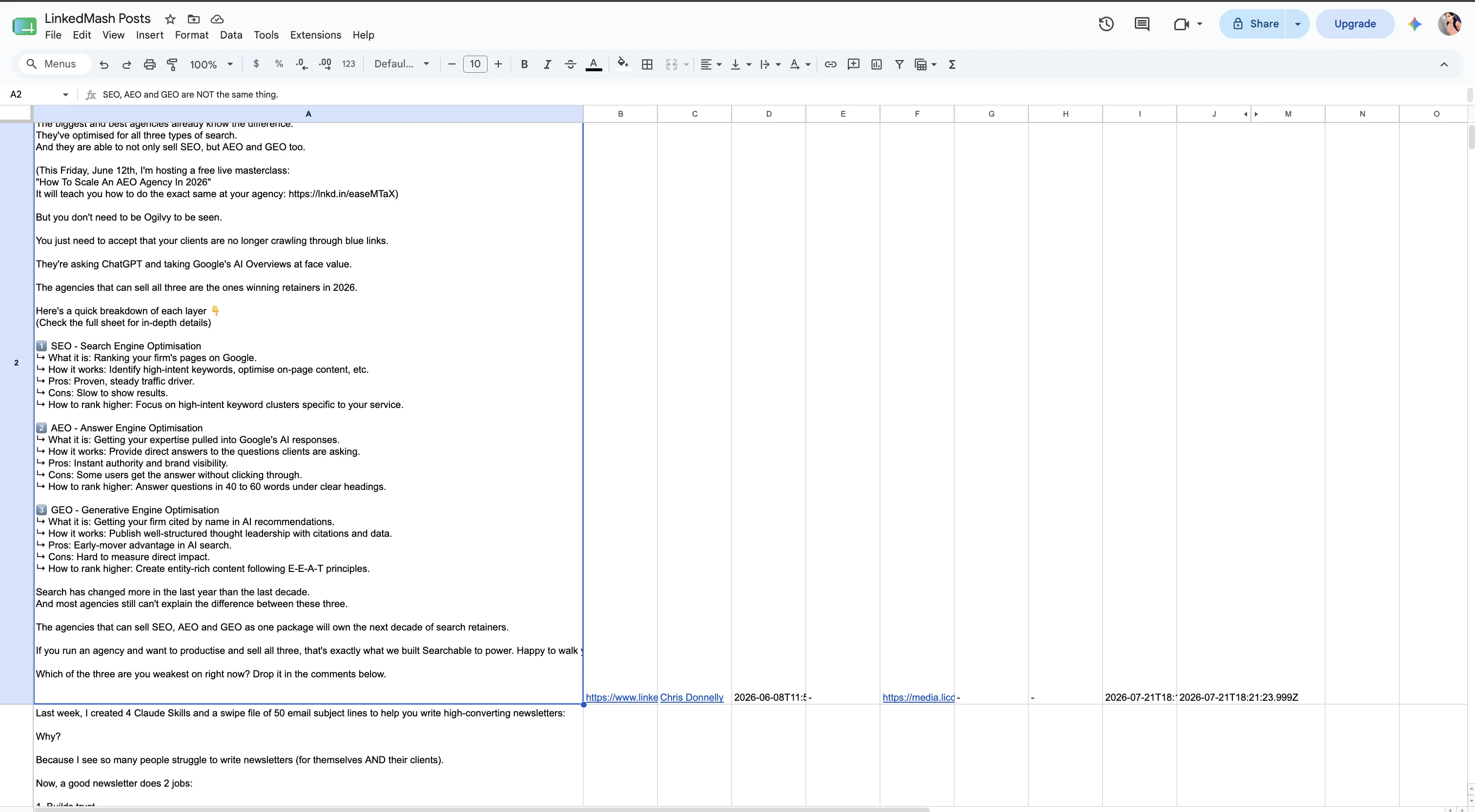 Live LinkedMash Posts Google Sheet containing exported LinkedIn saved posts