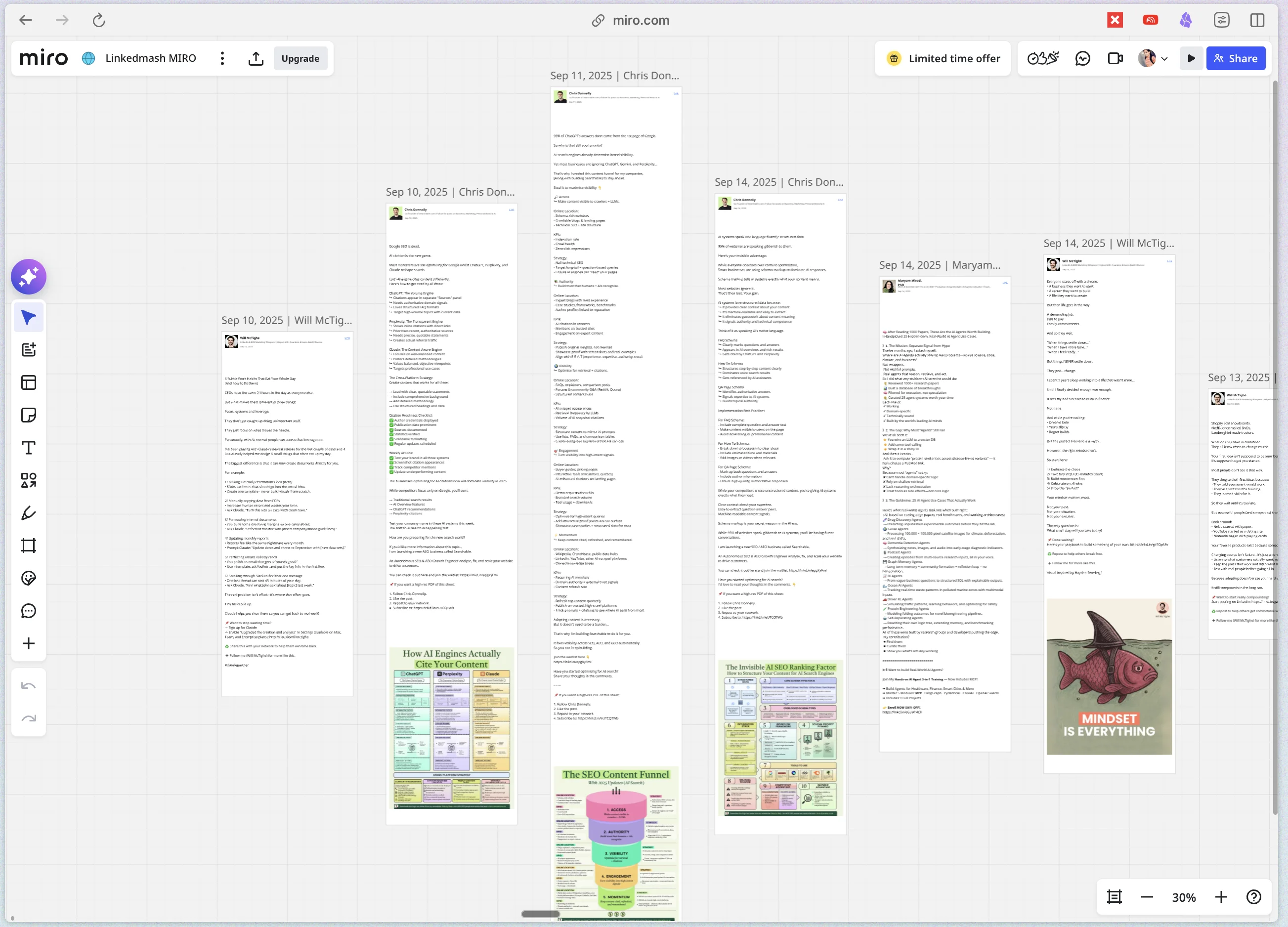 Live Miro board containing LinkedIn saved posts laid out as visual frames with text and media
