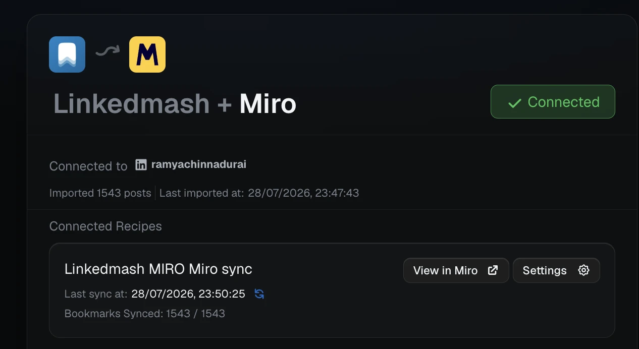 LinkedMash Miro integration showing its connected board, recipe and sync totals