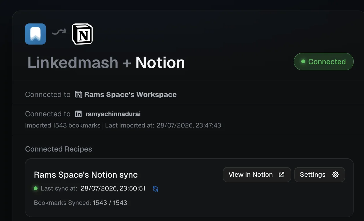 LinkedMash Notion integration connected to a workspace with 1,543 saved posts synced