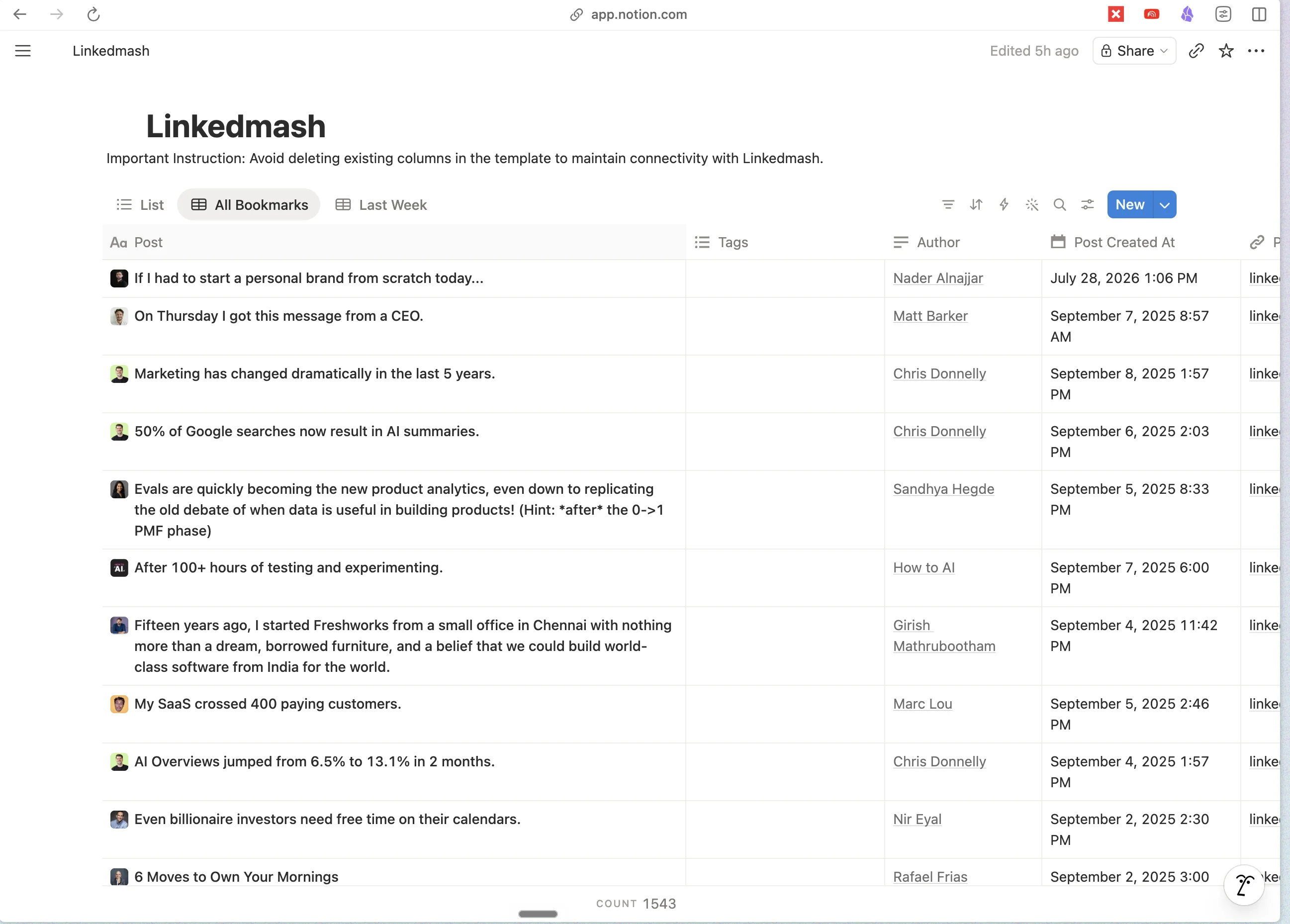 Live LinkedMash Notion database containing 1,543 LinkedIn saved posts