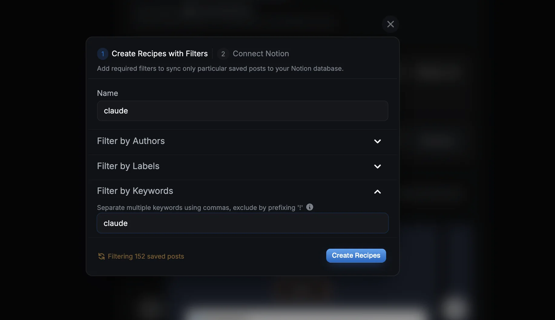LinkedMash recipe builder filtering Notion sync by the keyword Claude